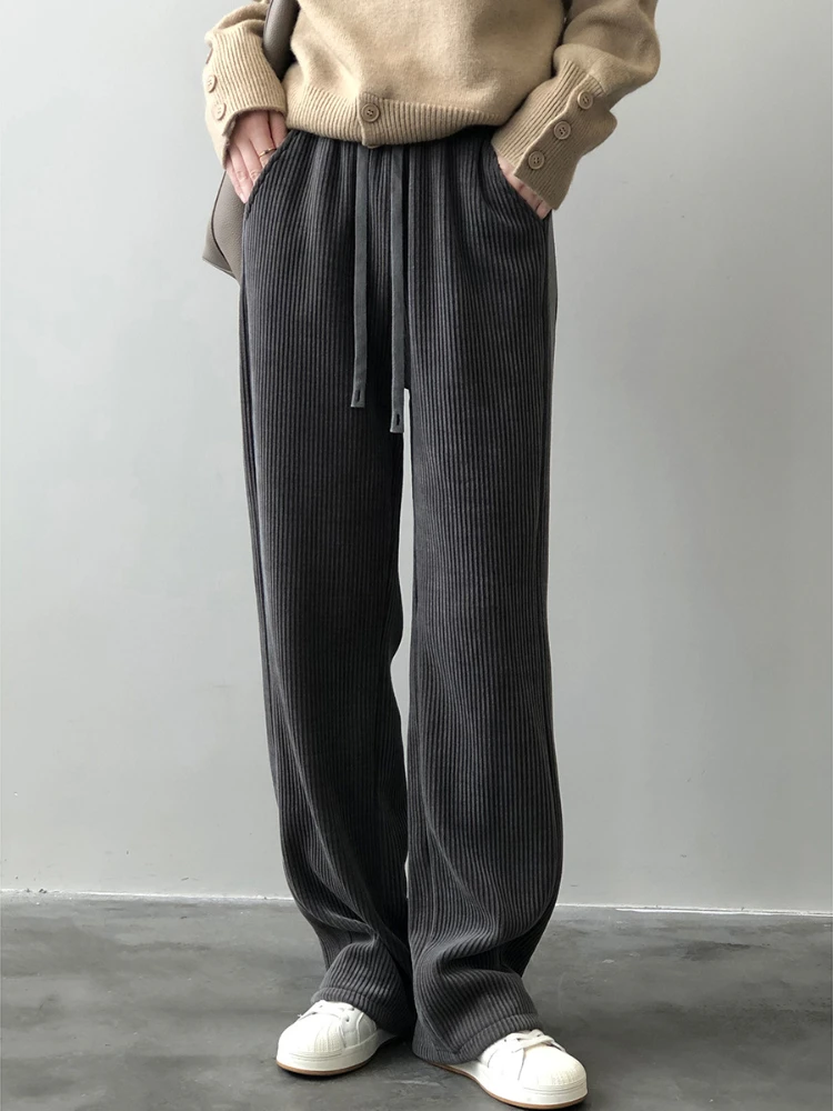

Elastic Waist Wide Leg Pants Women's Down Feeling 2022 Winter New High Waist Drawstring Straight Casual Pants Thick