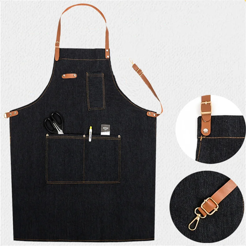 

1PC Apron Kitchen Restaurant Chef Denim Bib Waterproof Coffee Shop Bakery Adjustable with Pocket BBQ Hairdresser Aprons