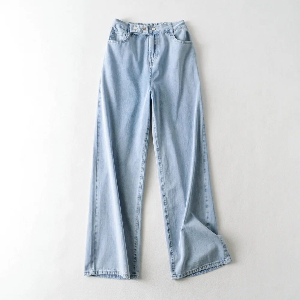 

Summer New Street Style High Waist Solid Color Thin Elastic Waist Jeans Women, Casual Loose Wide Legs Buckle Long Jeans Women
