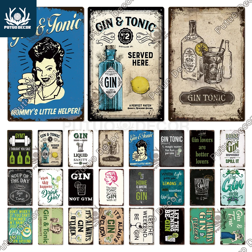 

Putuo Decor GIN Plaque Metal Vintage Tin Sign Retro Alcohol Plaque Wall Art Posters for Kitchen Bar Pub Man Cave Club Home Decor