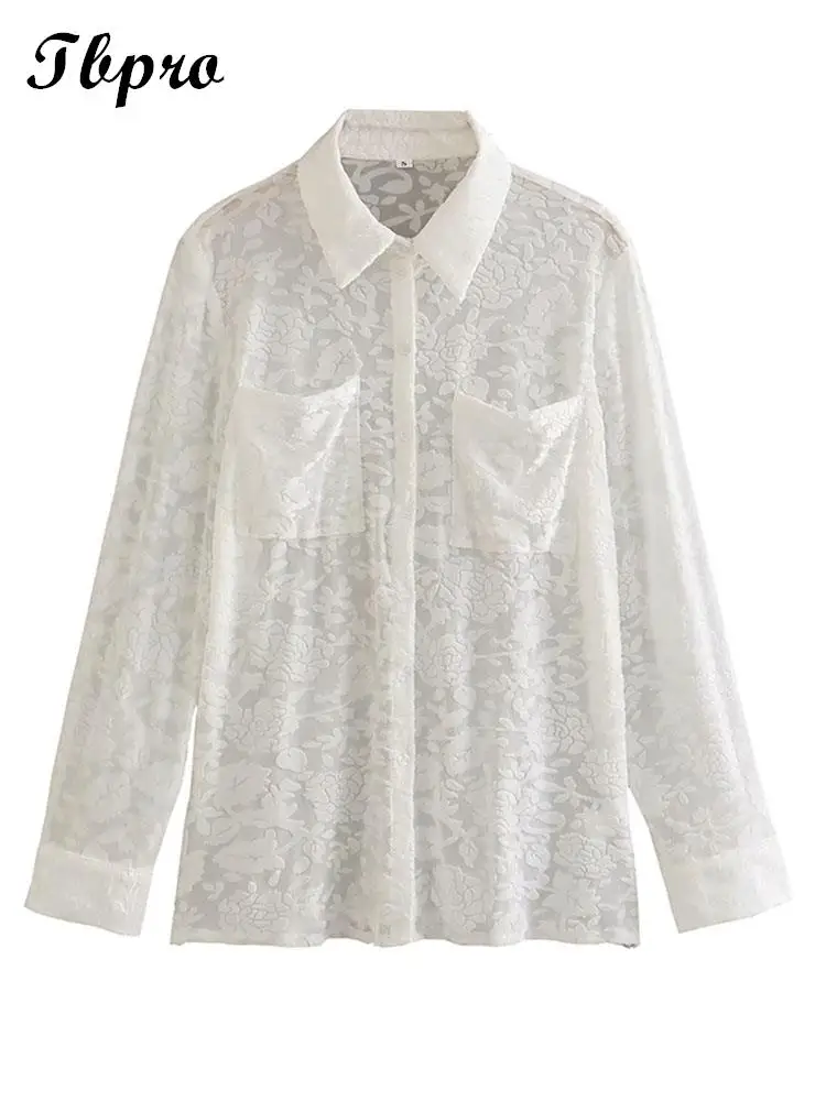 

Elegant Solid Lace Mesh White Shirt Women Fashion Loose Lapel V Neck Long Sleeve Tops Ladies Casual Autumn Female Streetwear