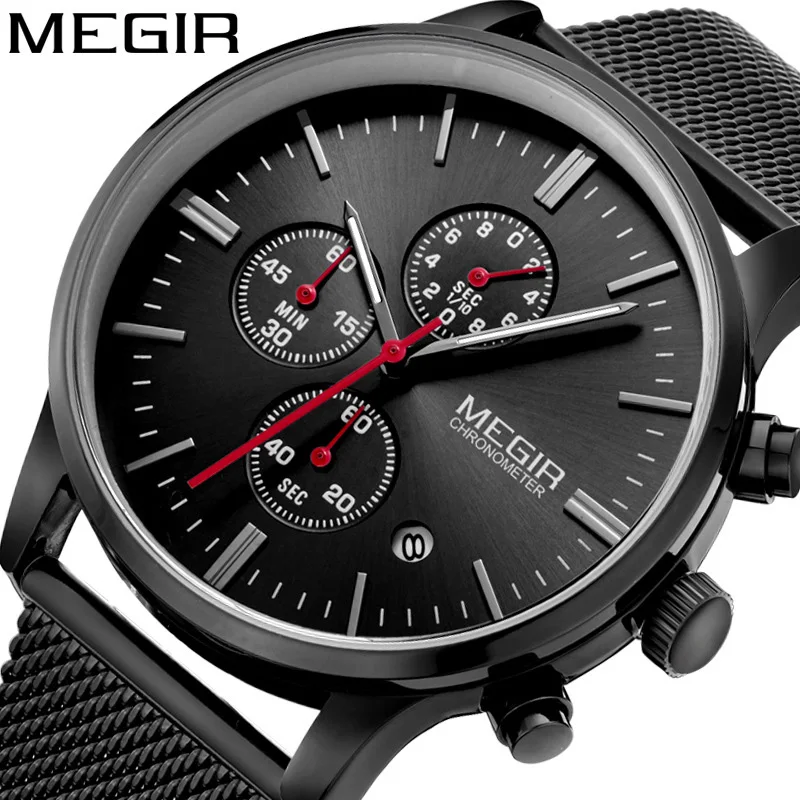 

MEGIR Stainless Steel Men Military Watch New Top Brand Sport Stopwatch Waterproof Mens Quartz Wristwatches Luxury Luminous Clock