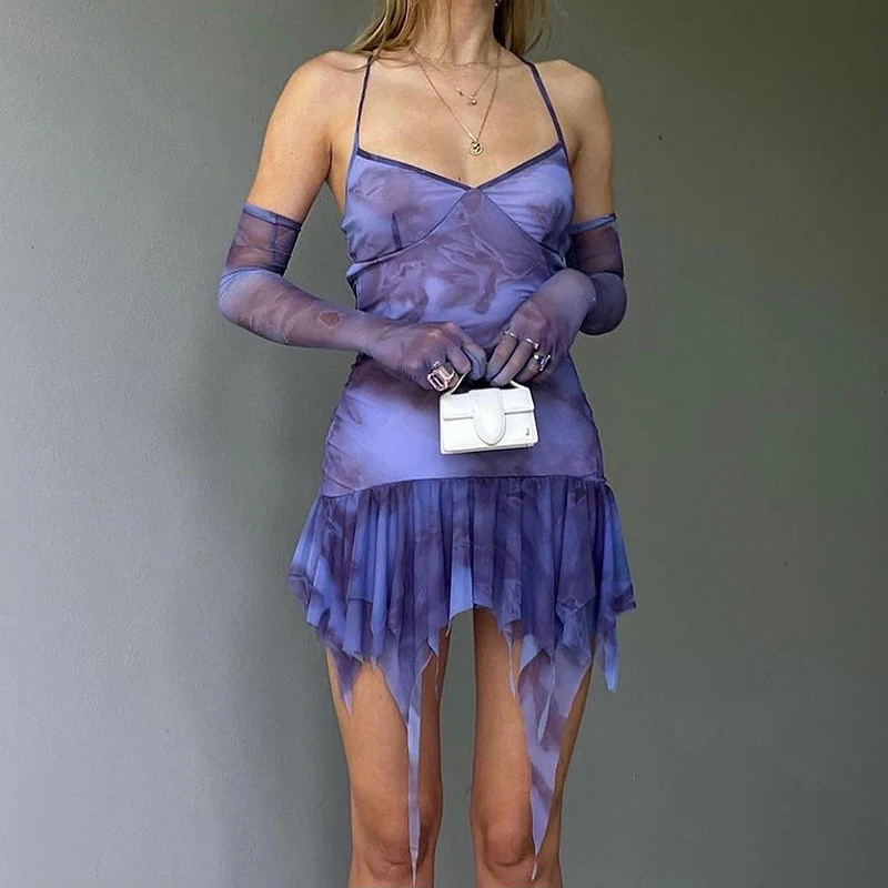 

New Camouflage Backless Sleeveless Strap Mini Dress With Gauze Gloves For Women Clothing 2022 Summer Sexy Evening Party Outfits