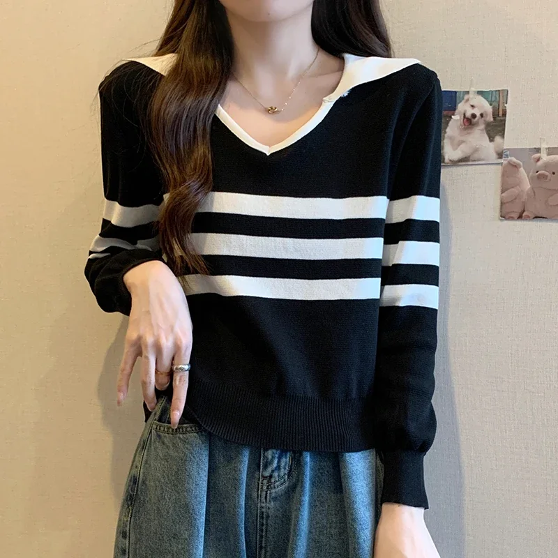

Turn-down Collar Knitted T Shirt For Women Striped Long Sleeve Tops Mujer Korean Style T-Shirts Autumn Tee Shirt Femme Camisetas