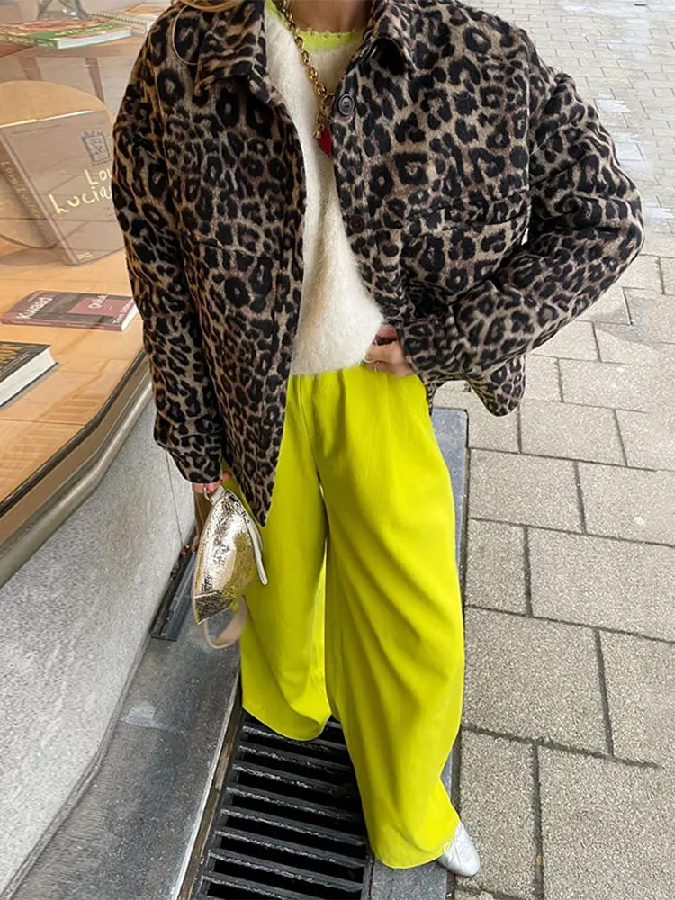 

Women's Fashion Leopard Print Long Sleeve Lapel Coat Lady Casual Warm Jacket Autumn/Winter Vintage Chic Street Wear Female 2023