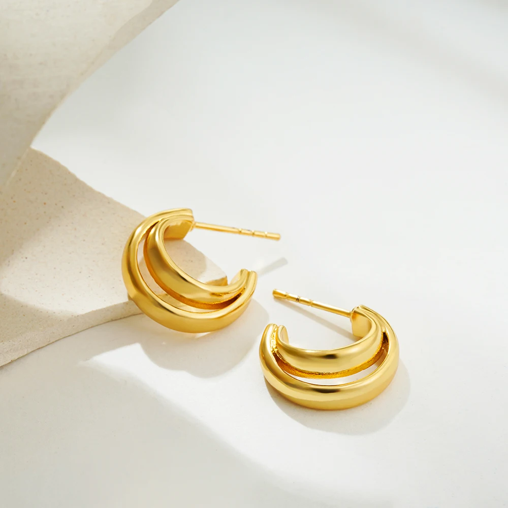 Женские двойные круглые серьги-кольца винтажные золотистые/Серебристые из