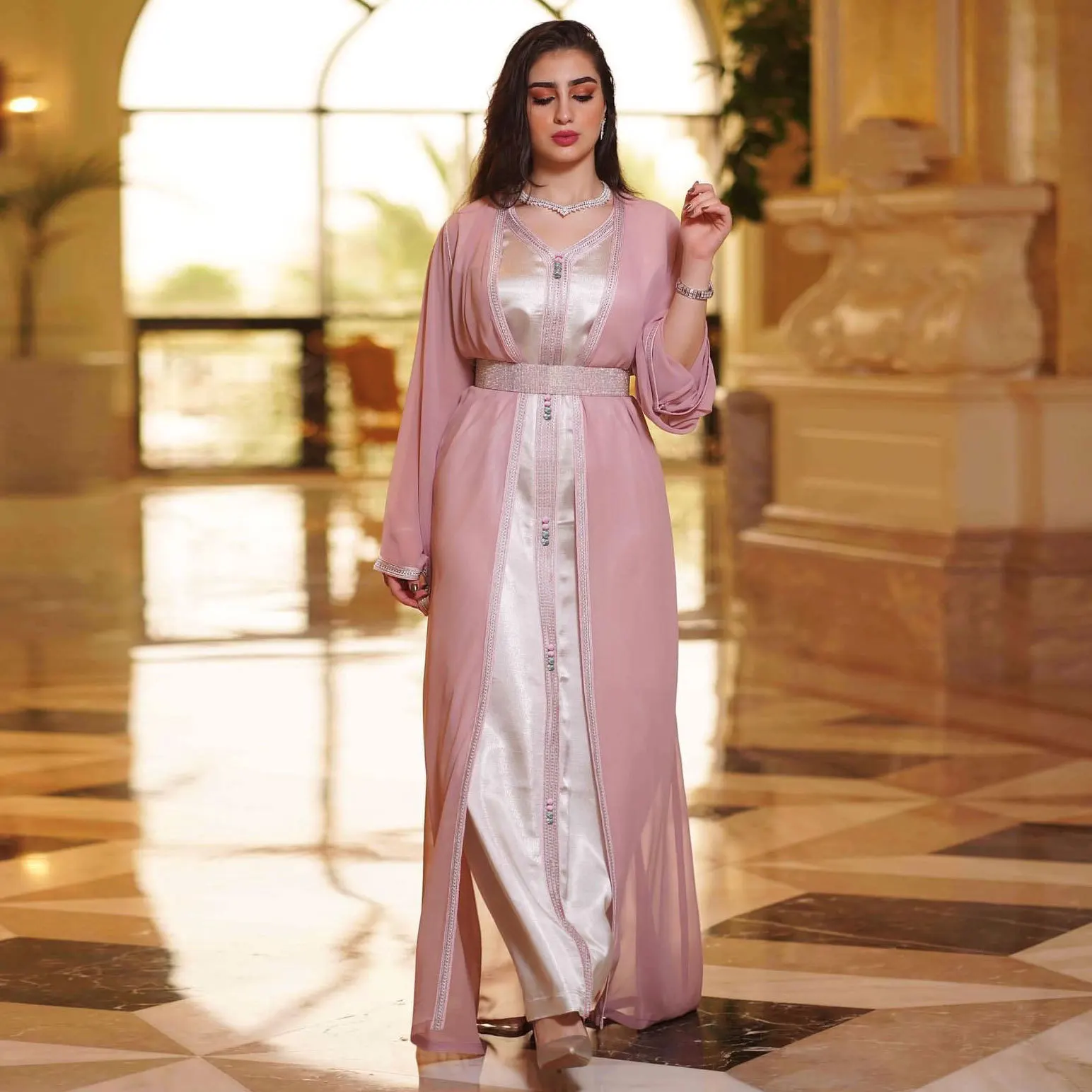 Robe Femme Musulmane Spring Autumn Girls Pink Chiffon Dress Sets Dubai Abaya Turkey Muslim Two-piece Set Abayas For Women