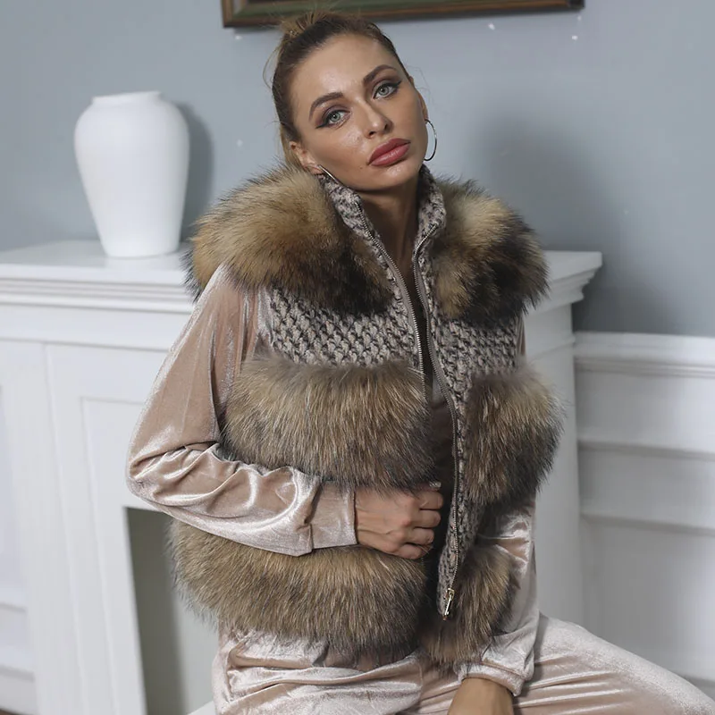 Жилет из натурального меха женский модный зимний шерстяной жилет с енотом