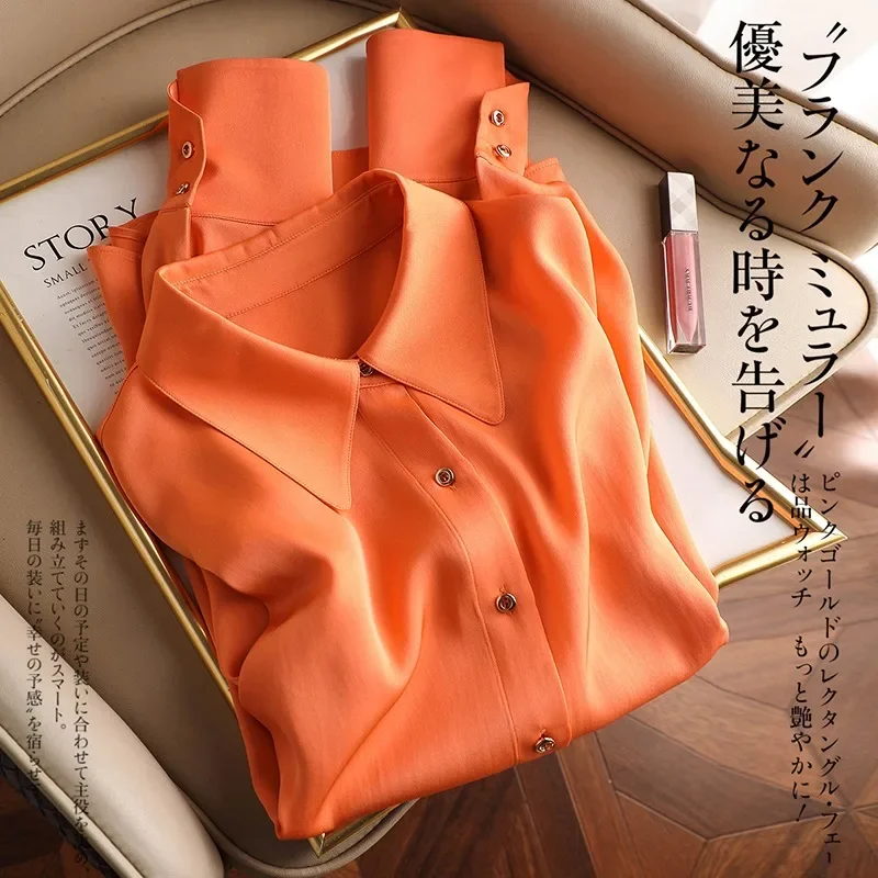 Женская атласная блузка на пуговицах повседневная однотонная шелковая рубашка с