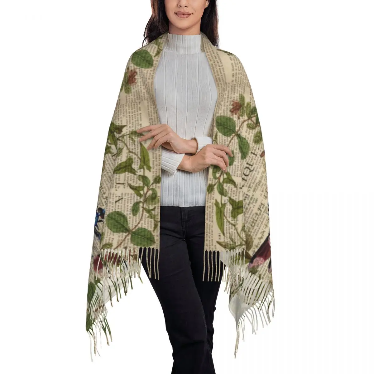 Шарф с газетным принтом и кисточкой современные листья ботаническое искусство