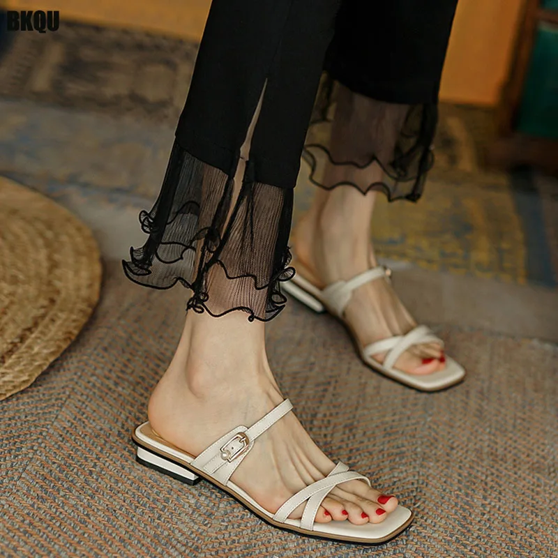 

Women Buckle Square Toe Slipper 2022 Summer Woman Casual Low Heels Ladies Cross Pumps Female Outside Elegant Shoes Plus Size 41