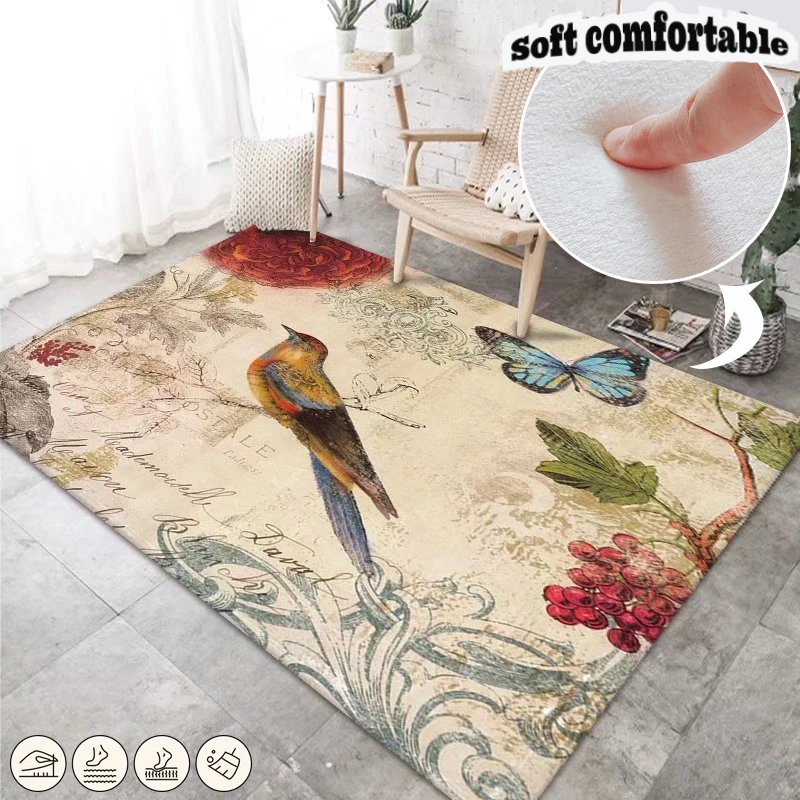 

Vintage Luxury Carpets for Living Room Sofa Coffee Tables Floor Mats Ins Flower Birds Decoration Bedroom Home Decor Lounge Rug
