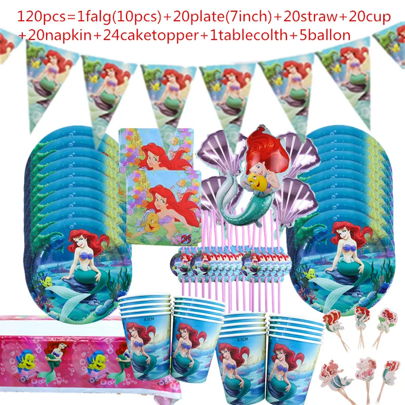 1set Mermaid Ariel Birthday Party Decorations Balloons Baby Shower Disposable Tableware tablecolth Cup Cake topper  Party Decor