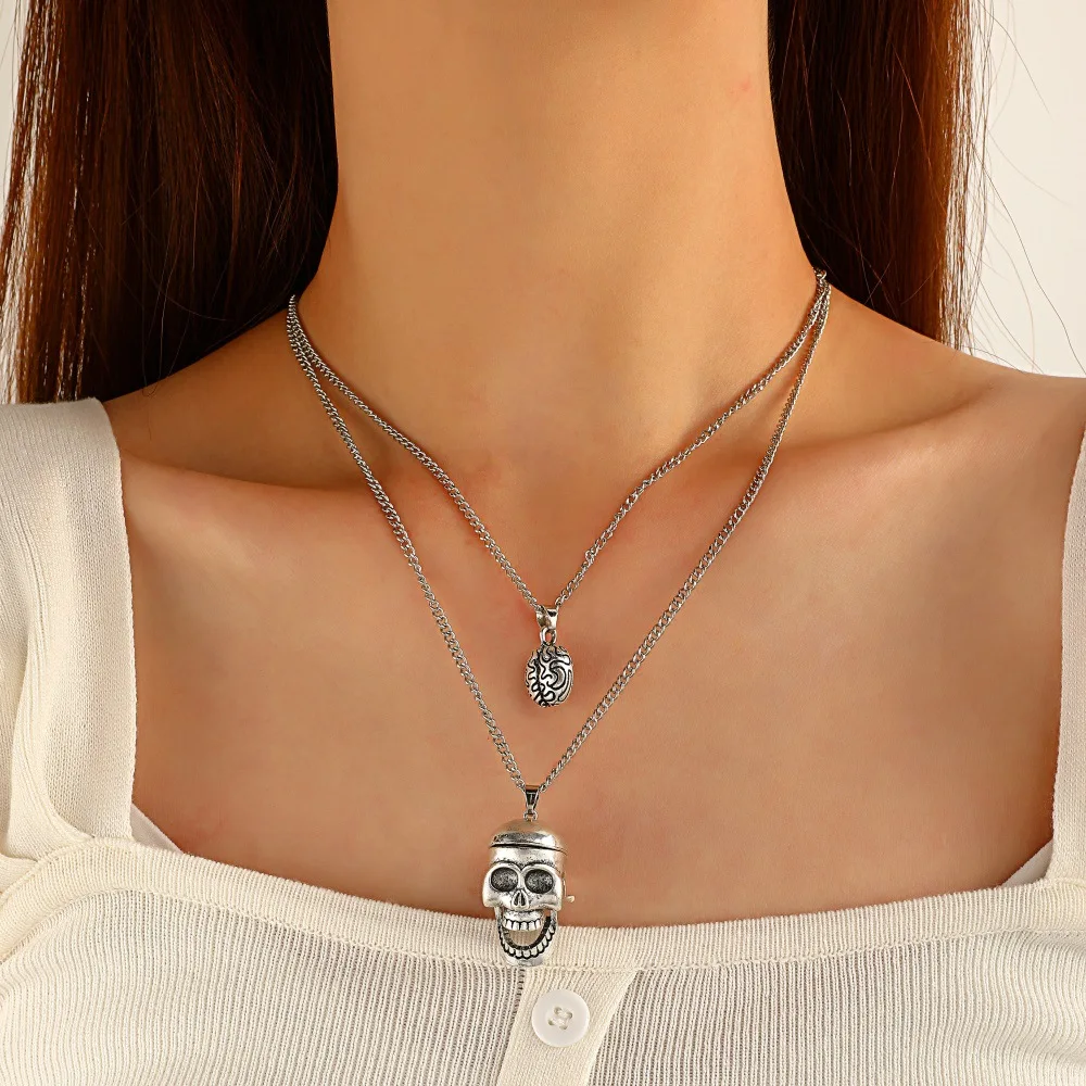 

Punk Stainless Steel Skull Chain Pendant Necklace Vintage Sliver Color Black Hip Hop Double-layer Necklaces
