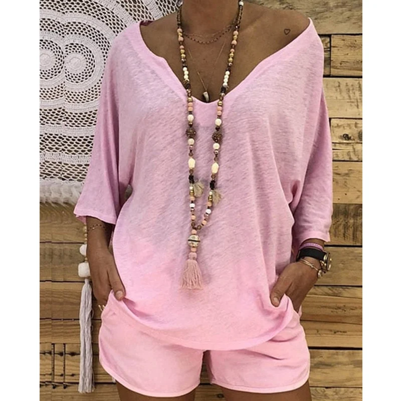 

Mandylandy женский винтажный свободный Простой повседневный топ с V-образным вырезом рубашка и шорты Комплект из двух предметов наряды спортивный костюм