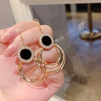 2022 korea fashion black round rhinestone earrings women elegant multilayer metal ring hook pendant jewelry
