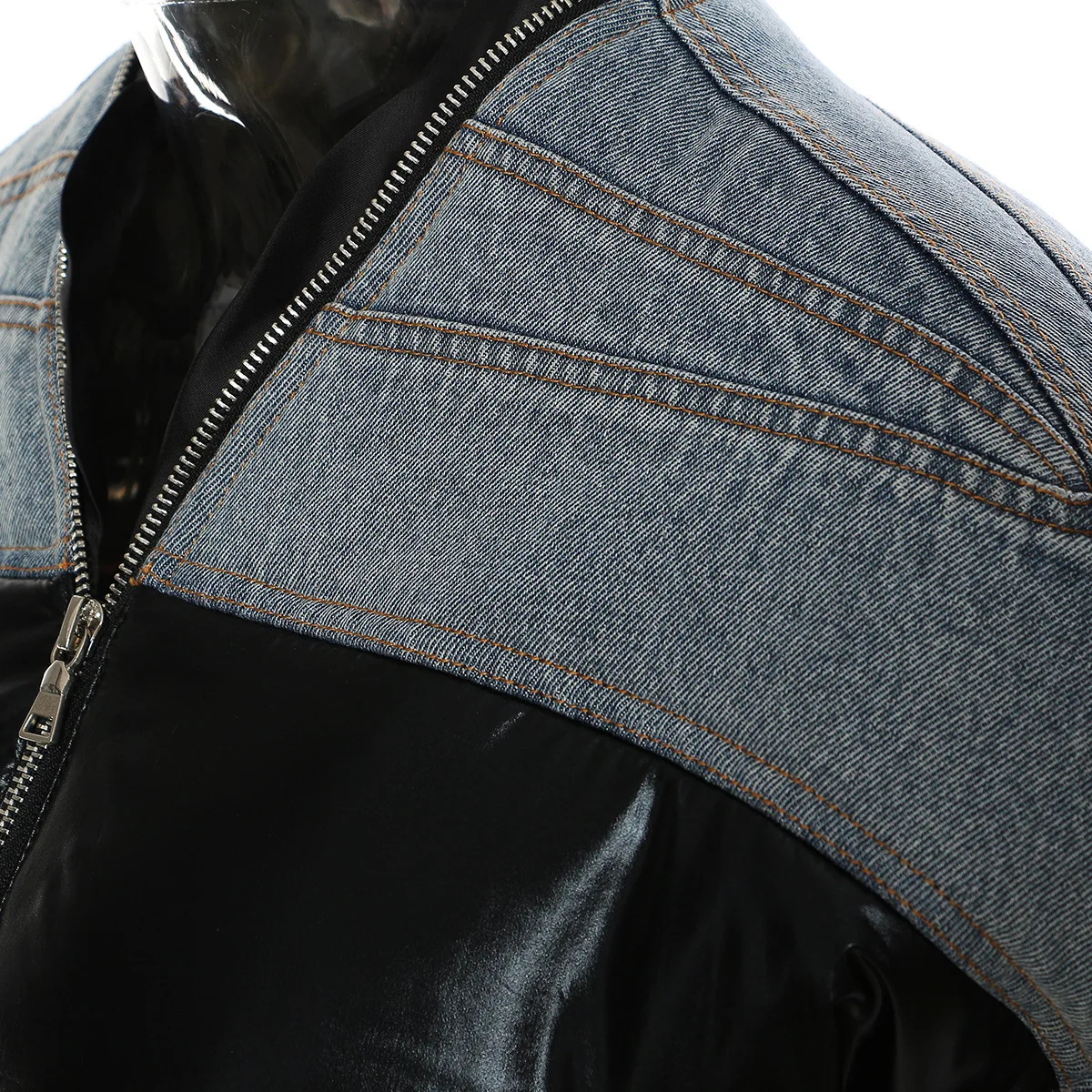 Women's Autumn And Winter New Hot Street Personality Denim Splicing Zipper Down Cotton Jacket