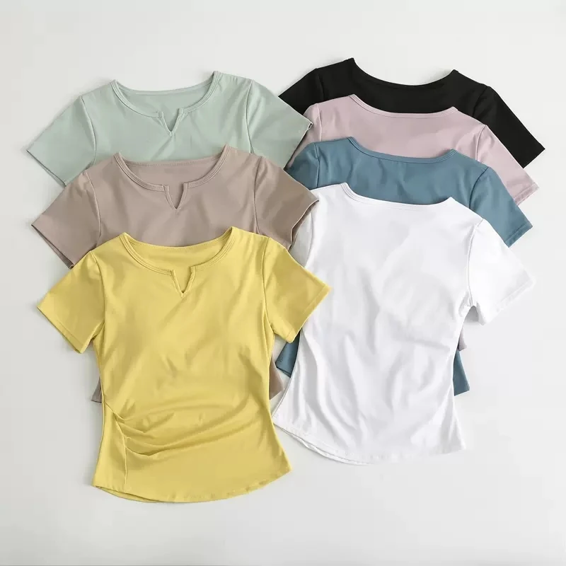 Lulu Chest Pad Yoga Clothes Women V Neck Comfortable Elastic Fitness Running Short Sleeve Sports Tight Gym Tops Spring Summer