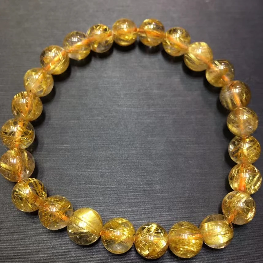 

8mm Natural Gold Rutilated Quartz Clear Round Beads Bracelet Women Men Brazil Gold Rutilated Cat Eye Wealthy Stone AAAAAA