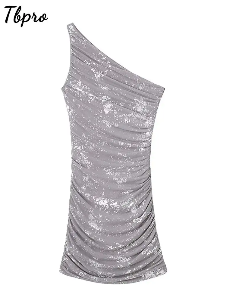 

Metal Printed Silk Tulle Pleated Dress For Women Irregular Fashion Off Shoulder Sleeveless Tight Holiday Camo Mini Dresses Lady