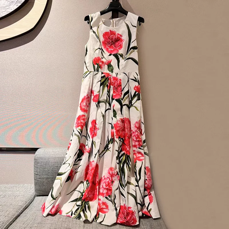

High Quality Women'S Dress Poplin Carnation Flower Print Holiday Mid-Length Ladies Dress New Spring Summer 2023 Fashion Runway