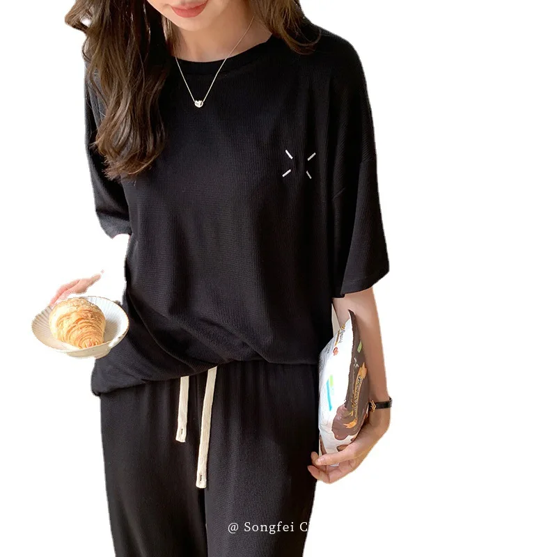 New Home Clothes Women's Pajamas Short Sleeve Modal Soft Continuous Solid Color Embroidery Nightdress Set Pyjamas Women