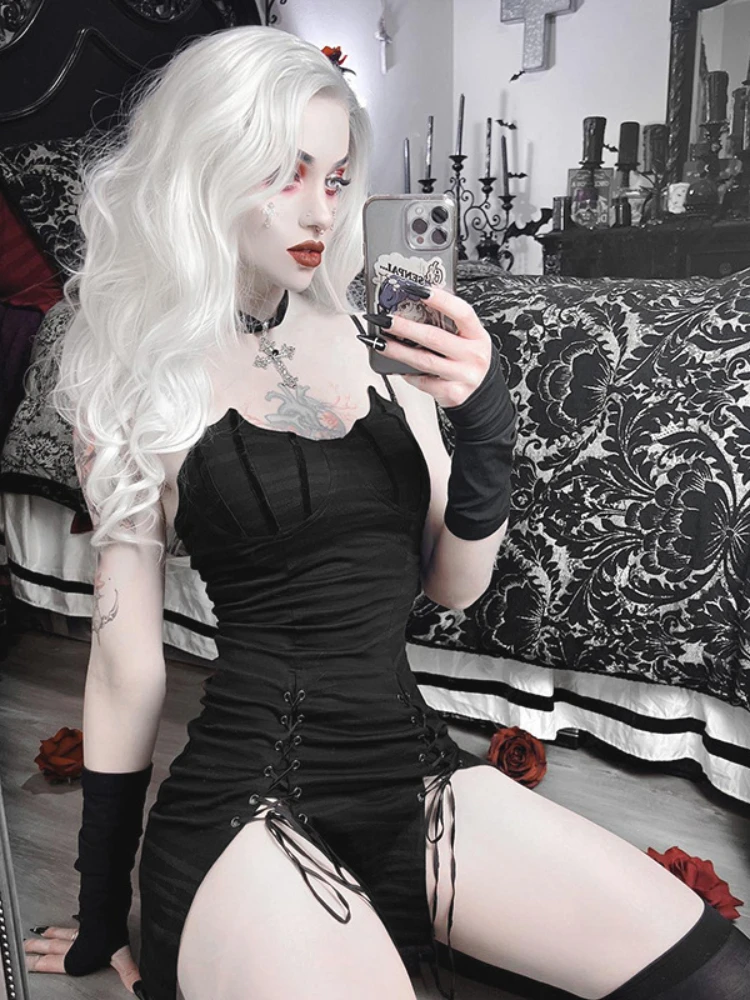 

Женское Сетчатое платье Goth Chic, элегантное ажурное платье с черным разрезом и открытой спиной, 2022