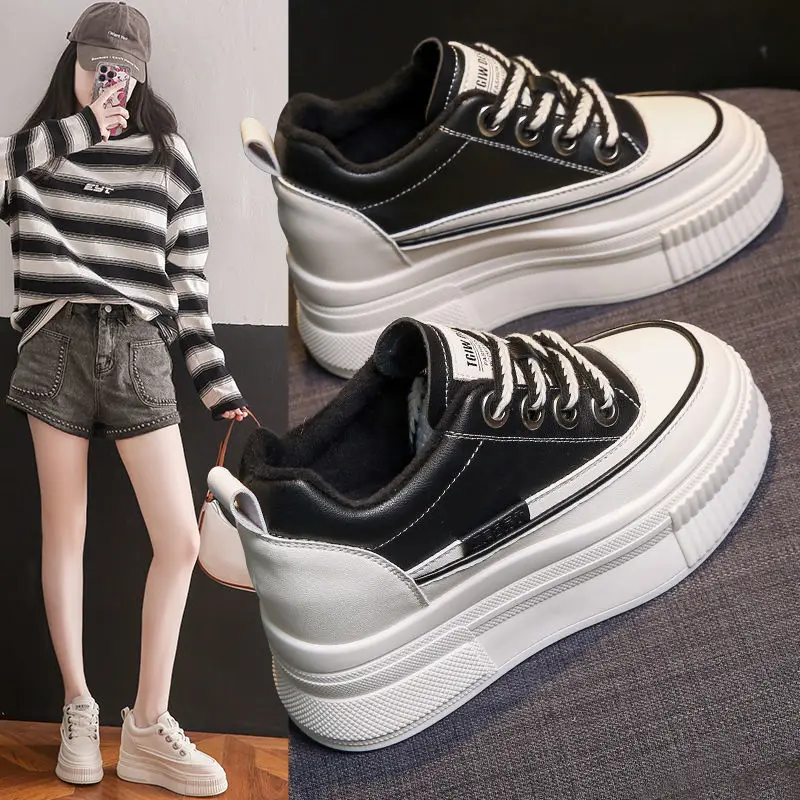 Height Increasing Insole Leather Women's 2023 New Spring Thick Bottom Soft Bottom Sports Sneakers Shoes 7cm