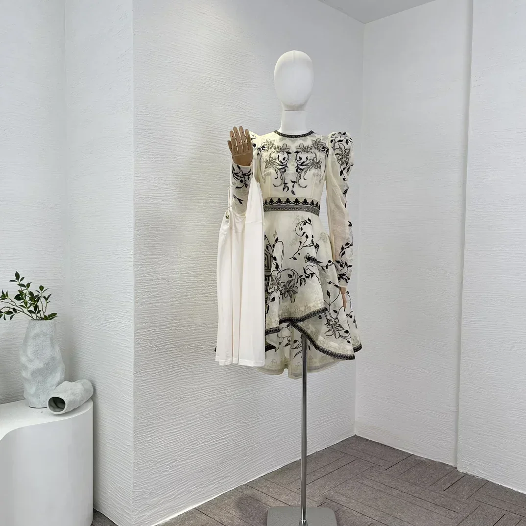 

2023 High Quality Latest Vintage Embroidery Flowers Puff Sleeve Irregular Luxury Ruched Mini Dresses for Party