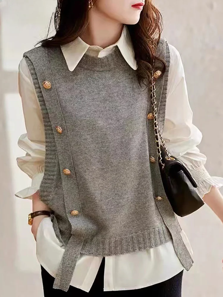Женский трикотажный жилет и рубашка с длинным рукавом свободный облегающий