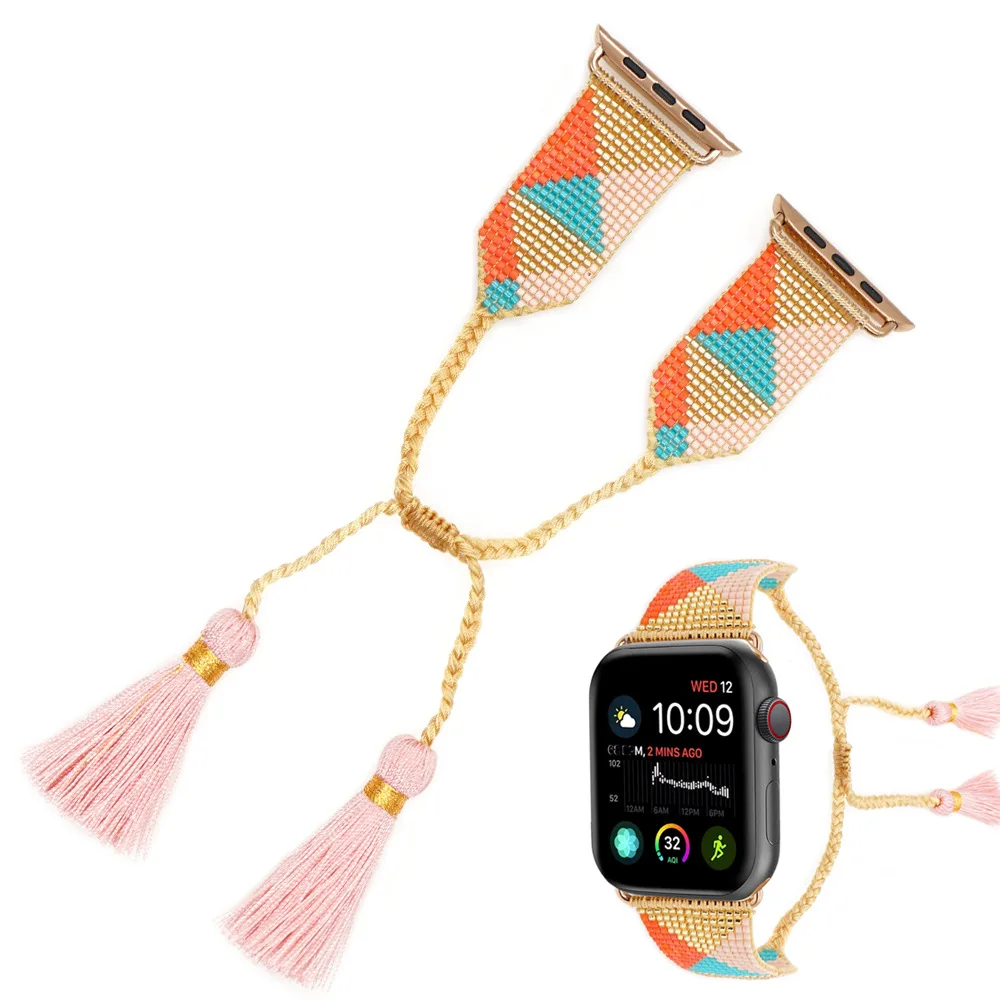 1PC Fabric Braided Rope Strap Minority Bohemian Style Rice Beads Hand Woven Geometric Tassel for Applewatch 42mm 44mm Strap