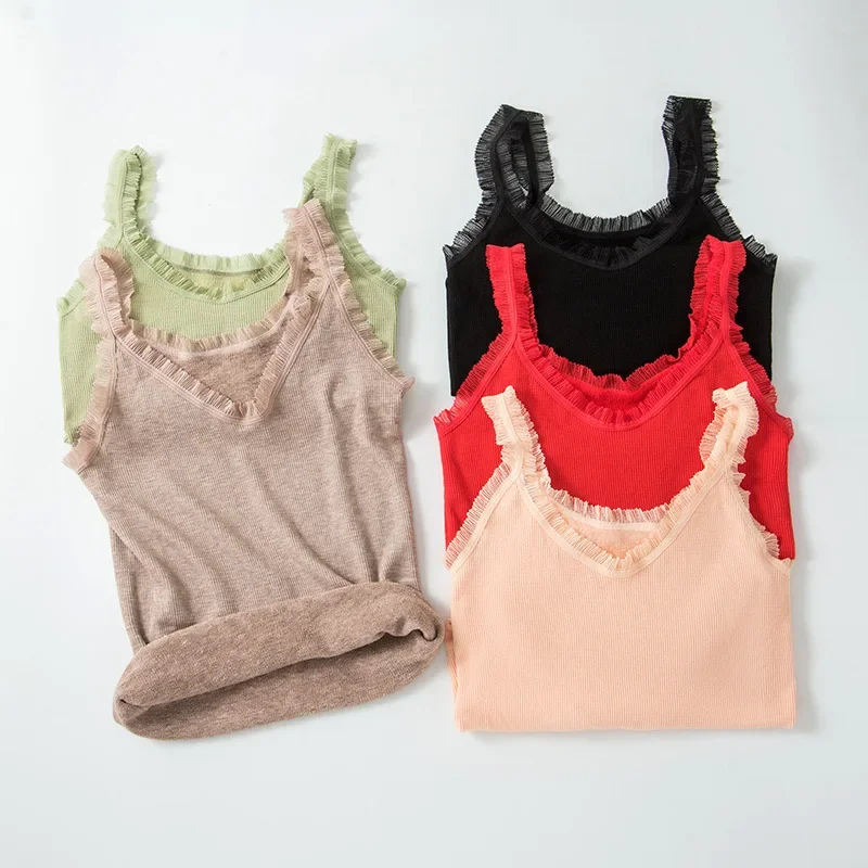 Новинка длинный теплый жилет с пушистыми кружевными бретельками и круглым