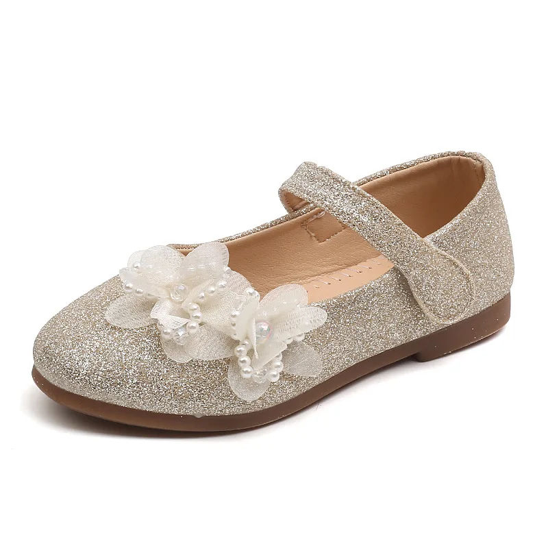

Children's Flats for Girls Little Toddlers Kids Leather Shoes Glitter Shiny Flowers with Pearls Princess Sweet 2023 Spring New