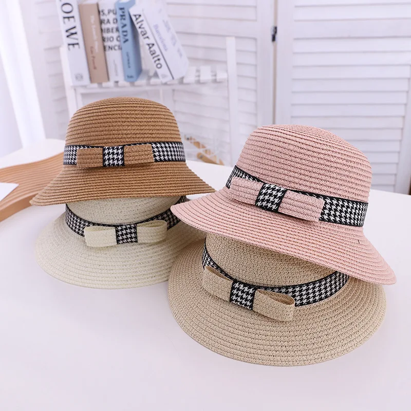 

Parent Child Summer Bow Bucket Straw Hat Sun Protection Hats for Women Girls Breathable Visor Cap Beach Women's Panama Sun