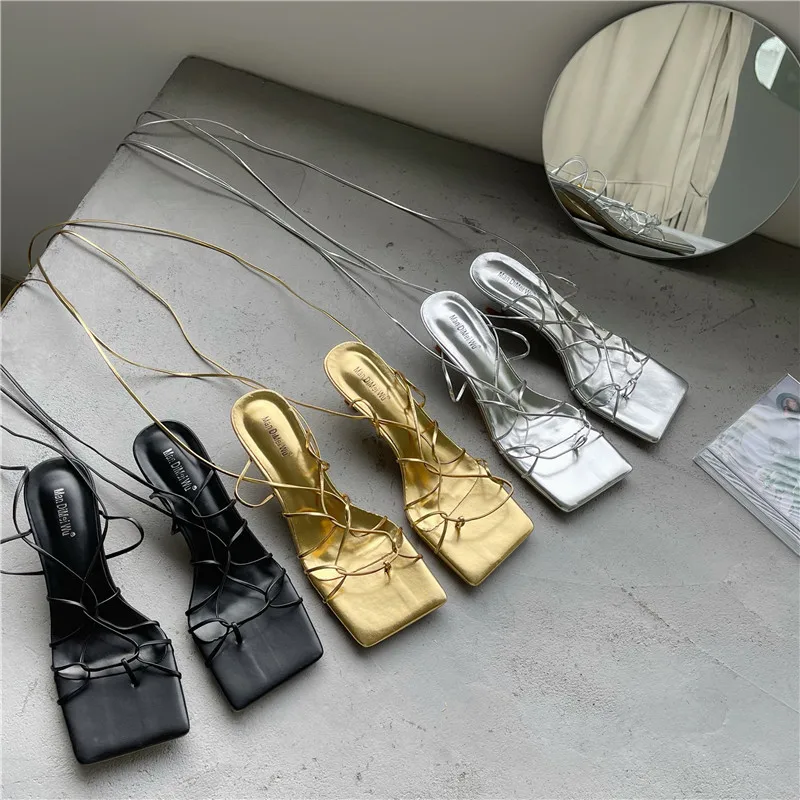 

Female Sandal Breathable 2022 Women's Strappy Heels Square Toe Cross-Shoes Girls New Silver Beige Lace Up Stiletto Open Summer H