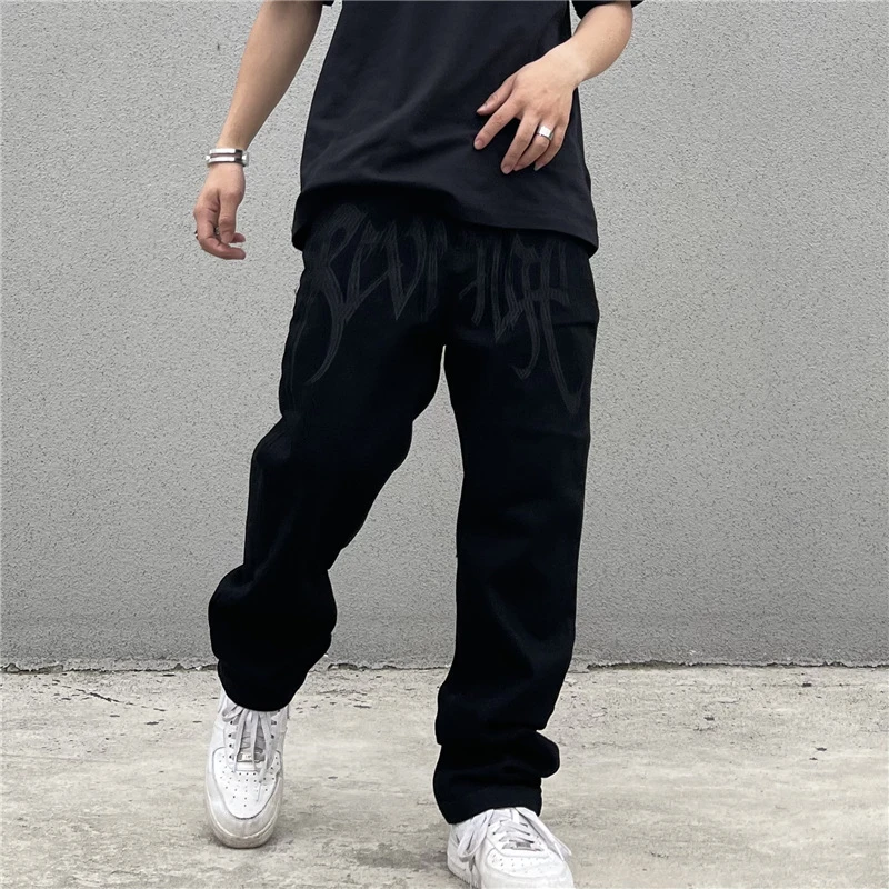 Y2K Men Jeans Embroidery Low Waist Jean Fashion Hight Street Denim Pant Loose Straight Pants Hip Hop Streetwear Black Clothings