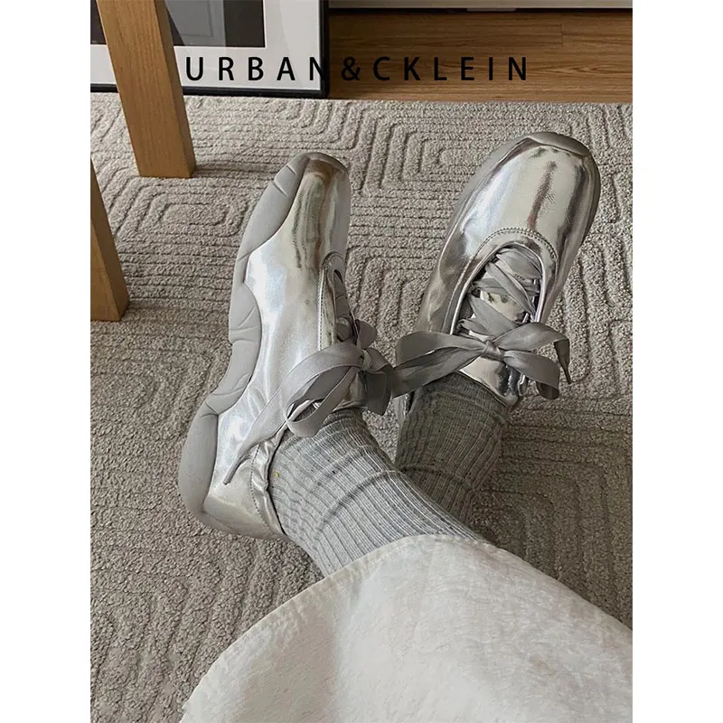 Женские балетки серебристого цвета на толстой подошве, повседневная ...