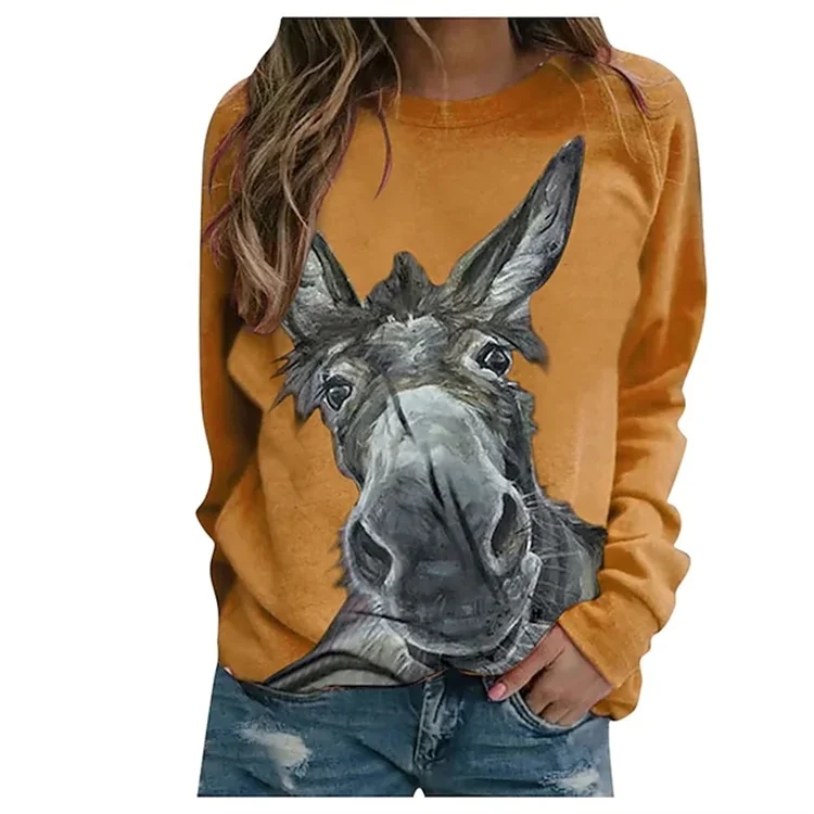 

2022 [New In] Women's 3D Donkey Painting T Shirt Donkey 3D Print Round Neck Basic Tops Streetwear
