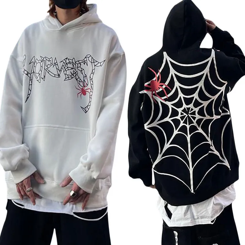 

Couple Matching Hoodies Autumn Winter Long Sleeve Spider Spider Net Hooded Front Big Pocket Sweatshirt, Women Men Loose Hoodies