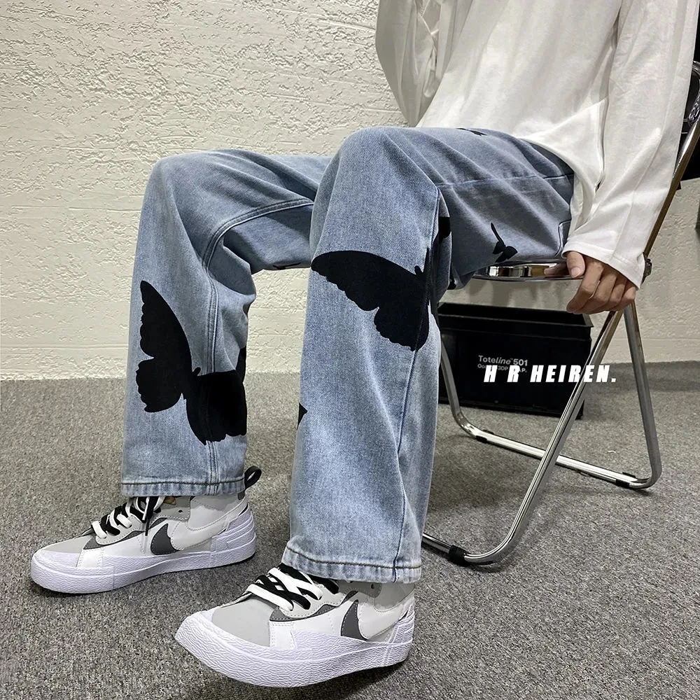 N GIRLS 2021 Butterfly Print Jeans Men Pants Oversize Baggy Jeans Casual Denim Pants Streetwear Straight Fashion Trousers