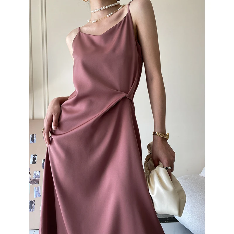 

French temperament drape satin kink suspender skirt dress women 2022