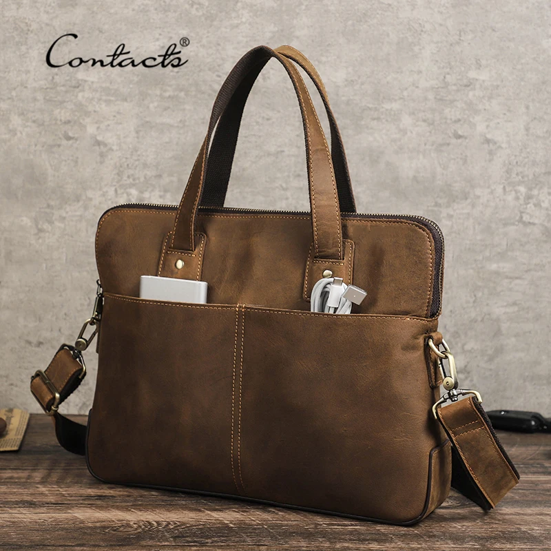 CONTACT'S Genuine Leather Men Briefcase Vintage Laptop Handbag Casual Shoulder Bag Large Capacity Messenger for Macbook 13''16''