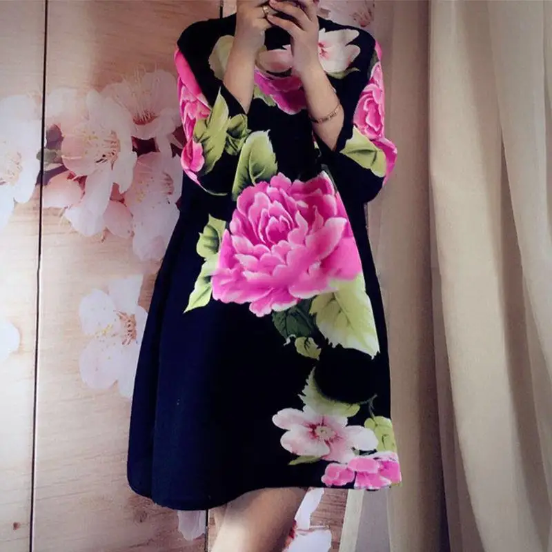 

Женское Плиссированное Платье с принтом пиона, повседневное свободное китайское платье большого размера с длинным рукавом и круглым вырез...