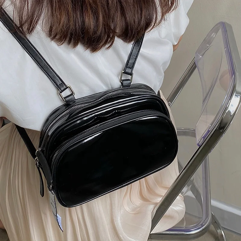 Small Female Shoulder Bag Bright Patent Leather Schoolbag Backpacks Bagpack For Girls Black