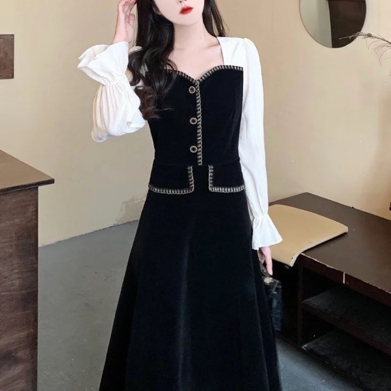 

2021 Winter Velvet One Piece Dress Korean Fashion Black Vintage Midi Dress Women Long Sleeve Elegant Party Dress Evening Retro