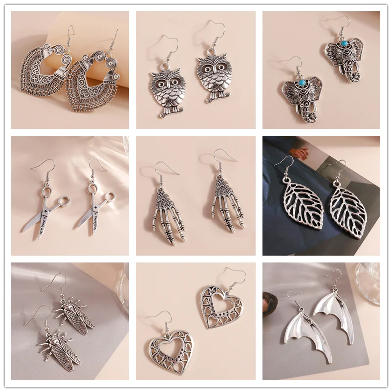 

Simple Antique Silver Hollow Heart Owl Elephant Pendant Earrings Cicada Devil Claw Wing Dangle Earring Vintage Jewelry For Womem