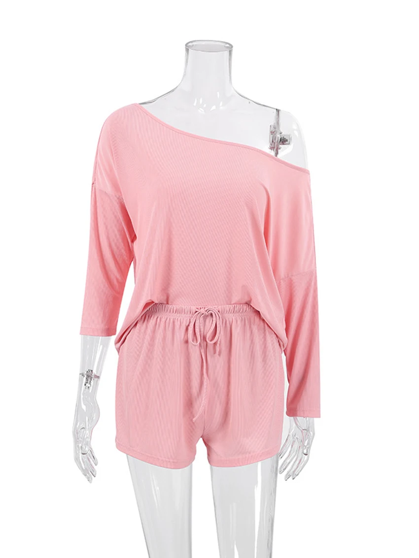 Marthaqiqi Ice Silk Rib Women Pajamas Set Sexy Oblique Shoulder Long Sleeve Sleepwear Drawstring Shorts Women'S Summer Suit