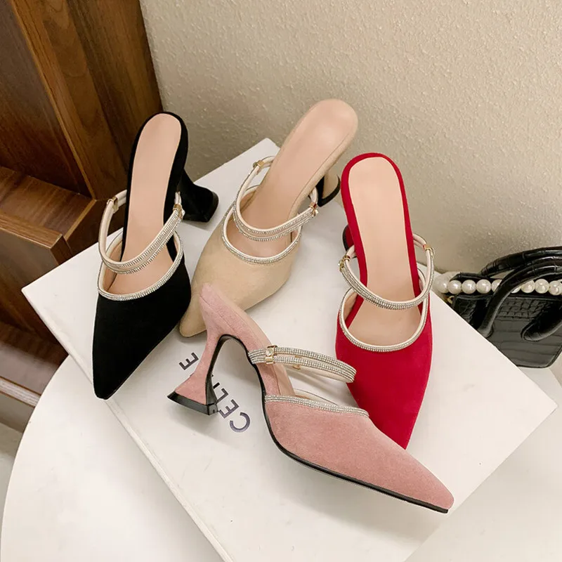 

Женские мюли Ochanmeb из мягкой искусственной замши, большие женские туфли-лодочки с ремешком и кристаллами на высоком каблуке, женские вечерни...