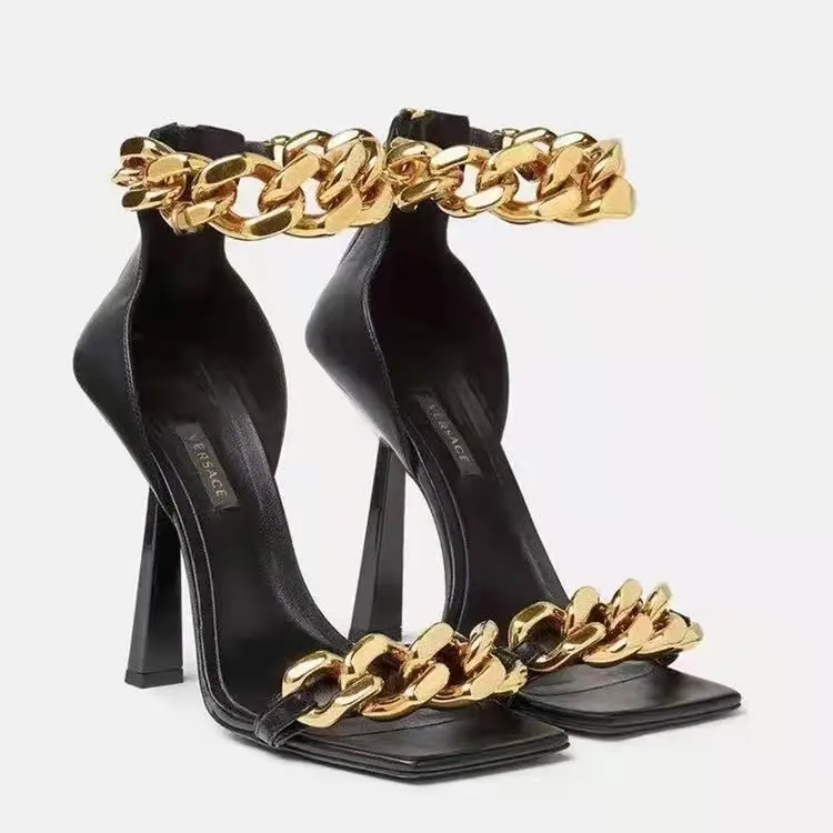 

Summer Women Sandals Ankle Strap Chain Square Toe Women's Sexy Pumps Ladies Thin Heels Shoes Female Footwear Plus Size 2022