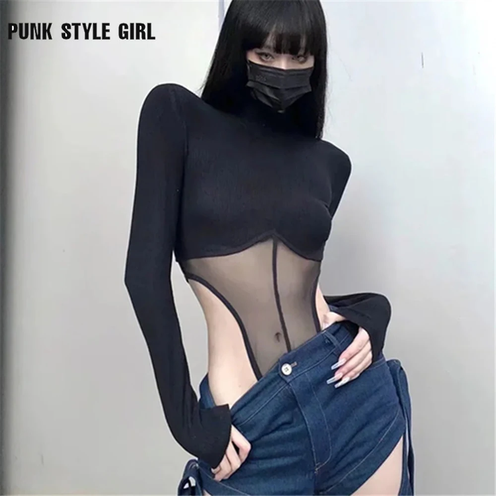 

Женский прозрачный комбинезон Goth, черный сетчатый комбинезон с длинным рукавом и высоким воротником, облегающие ажурные Комбинезоны в стил...
